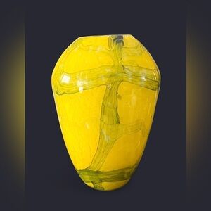 VINTAGE c 1980 Abstract Murano Yellow and Green Cased Glass Vase Fratelli Toso